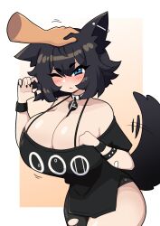 1girls big_breasts black_hair blue_eyes blush cleavage collar disembodied_hand ear_piercing female female_focus fictional_language head_pat hi_res j5daigada matoran_text_(bionicle) one_eye_closed raine_(zanamaoria) t-shirt tail text_on_clothing thick_thighs wolf_ears wolf_girl wolf_tail wristband