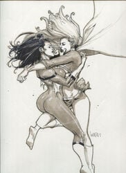 2girls ass big_ass big_breasts breasts crossover dc female female_only jessica_drew large_ass leinil_francis_yu long_hair marvel monochrome multiple_girls spider-man_(series) spider-woman supergirl yuri