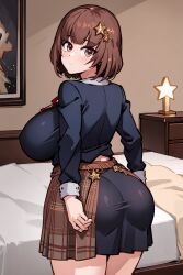 ai_generated brown_hair from_behind huge_breasts open_skirt ricochetk school_uniform short_hair virtual_youtuber vtuber wide_hips