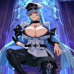 1futa ai_generated akame_ga_kill! big_breasts blue_eyes blue_hair breasts bulge bulge_through_clothing erect_penis erection erection_under_clothes esdeath_(akame_ga_kill!) futa_only futa_sans_pussy futanari huge_cock laino_airt light-skinned_futanari long_hair penis