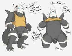 2024 absurd_res aggron anthro balls barazoku becoming_erect belly biceps big_muscles bodily_fluids bottomless bottomless_anthro bottomless_male claws clothed clothing dialogue digitigrade exclamation_point fatpad flaccid foreskin galaxia22 generation_3_pokemon genitals hi_res horn humanoid_genitalia humanoid_penis male musclegut muscular muscular_anthro muscular_male navel nintendo offscreen_character pecs penis pokemon pokemon_(species) praise presenting profanity raised_clothing raised_shirt raised_tank_top raised_topwear scales shirt signature simple_background small_balls small_penis solo standing sweat sweatdrop tank_top thick_thighs topwear white_background