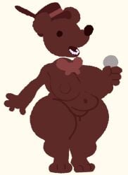 1girls anthro ass_bigger_than_head bear bear_nose belly_button bowtie brown_areola brown_body chubby chubby_female digital_media drazercd female female_only five_nights_at_freddy's fnaf fredbear_(moroon_gag) friday_night_funkin hat holding_microphone microphone moroon_gag no_neck ourple_guy_(fnf_mod) pixel_(artwork) pixel_art solo tagme teeth thick_thighs