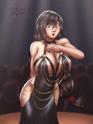 alternate_costume black_dress blush blushing breasts chains cleavage dress embarrassed female female_only final_fantasy final_fantasy_vii flarevortex gold_jewelry hip_cleavage modakawa_dress open_mouth red_eyes solo tifa_lockhart