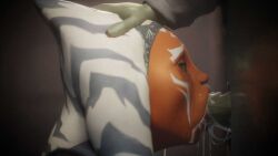 1girls ahsoka_tano alien alien_girl apulaz big_penis blowjob crossbowpussycat cum cum_in_mouth deepthroat fellatio glory_hole hand_on_head interspecies lekku orange-skinned_female orange_skin star_wars