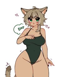 :p blonde_hair blush cat_ears cat_tail catgirl freckles green_eyes one-piece_swimsuit scars scars_on_arm