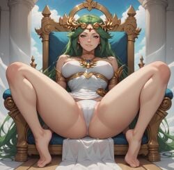 1girls ai_generated bewaretheaimachinegod green_hair kid_icarus nintendo palutena sitting thighs throne