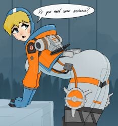 apex_legends ass ass_focus big_breasts blonde_hair fully_clothed hoodie latex latex_gloves latex_suit lichtenberg_figure scar snowwwy_(artist) solo solo_female solo_focus solo_in_panel text text_bubble wattson_(apex_legends)