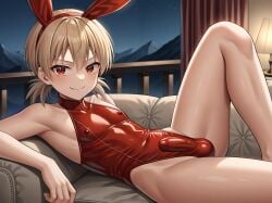 1boy ai_generated blonde_hair bulge bulge_through_clothing bunnysuit couch erection erection_under_clothes fake_animal_ears fang femboy genderswap_(ftm) hellsing hellsing_ultimate hjqjjwbeb latex latex_suit leaning looking_at_viewer lying male male_only night night_sky on_couch otoko_no_ko playboy_bunny red_eyes red_latex rule_63 seras_victoria smile smiling_at_viewer solo vampire