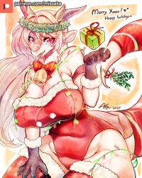 1girls anthro big_breasts blonde_hair christmas cleavage dragon_girl dragon_horns huge_breasts levia_(modern_mogal) missaka modern_mogal monster_girl red_eyes solo solo_female tail thick thick_thighs