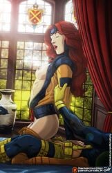 1boy 1girls alx_(fuckit) closed_eyes cyclops_(x-men) female_on_top jean_grey male/female marvel marvel_comics red_hair scott_summers small_breasts straight straight_sex x-men