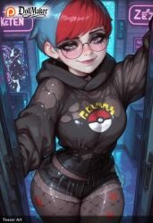 ai_generated breasts dollmaker dollmaker_(artist) female fishnet_legwear fishnets freckles glasses hood hood_down hoodie looking_at_viewer monitor multicolored_hair pantyhose patreon_logo patreon_username penny_(pokemon) red_hair selfie short_hair smile solo tagme watermark