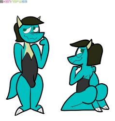 ass bare_shoulders barefoot big_ass big_butt bulge cute femboy fingers_together girly horns kenmazu95 kobold lenny_(kenmazu95) leotard male scalie tail teal_body teal_scales thick_thighs twink