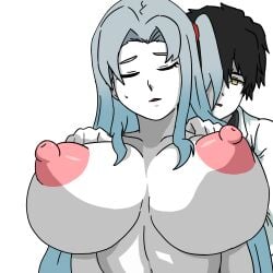 1boy 1girls 2021 angela_(lobotomy_corporation) areolae ayin_(lobotomy_corporation) big_breasts black_hair blue_hair calm closed_eyes clothed_male hands_on_shoulders lobotomy_corporation naked_female project_moon untaggable_artist yellow_eyes