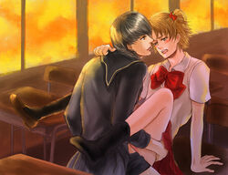 2boys classroom desk hanamura_yousuke megami_tensei persona_4 school_uniform seta_souji sex trap yaoi