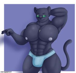 2017 anthro big_pecs black_body black_fur day-tripper-guy felid feline glasses muscular muscular_anthro muscular_male nipples original original_character panther pantherine pecs posing simple_background speedo thick_thighs