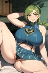 1girls ai_generated apple_green_eyes apple_green_hair armpit armpit_crease ass_visible_from_the_front big_breasts big_thighs black_panties blue_skirt blue_topwear cheerleader cheerleader_uniform daidouji_(artist) daidoujipv double_bun female front_view gluteal_fold green_eyes green_hair green_lipstick hair hair_buns leg_up legs_apart light-skinned_female light_skin midriff original pantyshot sagging_breasts short_hair sitting smiling solo thick_thighs thighs two_tone_hair upskirt wide_thighs