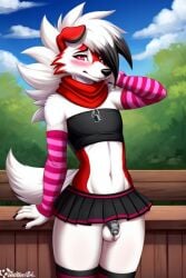 ai_generated armwarmers blush chastity chastity_cage chastity_device embarrassed femboy legwarmers lycanroc miniskirt nintendo pokemon pokemon_(species) scarf tagme tubetop