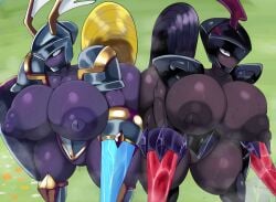 armor armored_female ass ass_up big_breasts big_butt big_nipples bubble_butt centaur dark-skinned_male dark_skin female female_focus female_only huge_ass huge_breasts huge_butt khadhunter7 massive_breasts necromus_(palworld) pal_(species) paladin paladius_(palworld) steam sweat