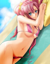 1girls beach bikini blue_hair blush breasts cleavage female gundam gundam_seed gundam_seed_destiny hair_ornament kikuchi_mataha long_hair lying meer_campbell navel on_side pink_hair polka_dot polka_dot_bikini polka_dot_swimsuit ponytail side-tie_bikini sideboob smile solo star star_hair_ornament swimsuit tied_hair underboob untied