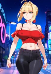 ai_generated bare_arms bare_shoulders big_breasts blonde_hair clothed clothing color fate_(series) female_focus female_only green_eyes hi_res laino_airt large_breasts light-skinned_female light_skin nero_claudius_(fate) nipples_visible_through_clothing short_hair solo solo_female tagme thick_thighs