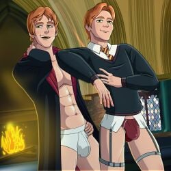 bara big_bulge brothers bulge cartoon_emxx clothing fred_weasley gay george_weasley harry_potter male male/male male_only muscular_male twin_brothers twins underwear