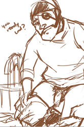 1boy chair dark-skinned_male demoman english_text eye_patch facial_hair flaccid_penis male male_only pants_down quizzical_look sketch solo team_fortress_2 uncut undressing watch_cap white_background