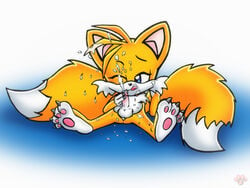 anthro balls blue_eyes canine claws cum cum_covered cum_on_self cum_taste cumshot fox fur furry_ears furry_tail licking_lips male male_only mammal masturbation messy multi_tail orange_fur orgasm penis pointy_ears sitting solo sonic_(series) tail tails tongue twotails wink