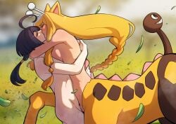 1boy animal_ears antennae artist_name black_hair blonde_hair blush breasts centaur closed_eyes commentary english_commentary female girafarig highres hug kinkymation kissing long_hair medium_breasts personification pokemon pussy pussy_juice sex sidelocks taur tauric_creature uncensored vaginal_penetration very_long_hair