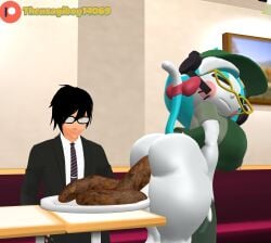(theusagiboy1406) 1boy 1girls 3d 3d_(artwork) 3d_model anthro bare_ass bottomless cat_ears feline furry furry_female furry_tail glasses glitch_productions huge_ass huge_breasts humanoid implied_scat_eating karen_(smg4) karen_katphish plate restaurant scat scat shit shit shitting smg4 tail thick_ass turd turd_hanging_out
