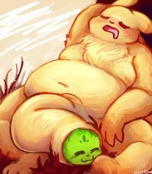 anthro belly big_penis blush body_hair breasts chest_hair chest_tuft closed_eyes cock_vore digital_media_(artwork) duo flaccid fluffy foreskin fur genitals gourmand_(rain_world) grass green_body green_fur hair hi_res huge_cock hyper hyper_genitalia hyper_penis lying male male/male mammal moobs n33th1me nipples nude obese obese_anthro obese_male on_back open_mouth outside overweight overweight_anthro overweight_male penile penis plant rain_world saint_(rain_world) simple_background sky sleeping sleeping_bag sleeping_nude sleeping_together slugcat smile tan_body tan_fur tree tuft videocult vore