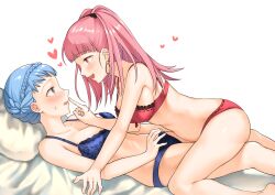 2girls ass bed blue_hair blue_panties blush bra braid commentary_request crown_braid female female_only fire_emblem fire_emblem:_three_houses from_side fukuroumori highres hilda_valentine_goneril lingerie long_hair lying marianne_von_edmund multiple_girls nintendo on_back open_mouth panties pillow pink_eyes pink_hair ponytail red_panties simple_background sweat underwear white_background yuri