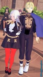 2boys 3d 3girls arm_around_shoulders bernadetta_von_varley black_eyes blonde_hair blue_eyes byleth_(fire_emblem) byleth_(fire_emblem)_(female) dimitri_alexandre_blaiddyd edelgard_von_hresvelg embarrassed female fire_emblem fire_emblem:_three_houses frown garreg_mach_monastery_uniform green_hair grey_eyes leggings linhardt_von_hevring long_hair looking_at_viewer looking_away male medium_hair multiple_boys multiple_girls nintendo outdoors pantyhose poly_(artist) purple_eyes purple_hair smile teal_hair white_hair