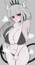 1girls bikini blush caaaaaaaaevery color colored covering_crotch demon demon_girl demon_horns demon_tail edit embarrassed frown greyscale helltaker horns large_breasts lucifer_(helltaker) skimpy solo string_bikini tail thick_thighs wide_hips