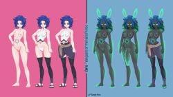 blue_hair breasts breasts bunny_ears futanari glowing_eyes glowing_genitalia glowing_markings glowing_penis leg_warmers multiple_versions naked nipples nude nude_female nude_futanari panties penis purplehorn_(artist) rope shoes spiked_penis topless topless_female vagina white_panties