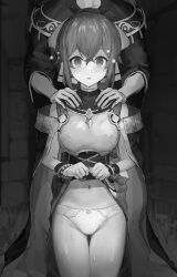 1boy 1girls absurdres armor ass_visible_through_thighs bare_midriff bare_shoulders bare_thighs bow bracelet breastplate cape clothes_lift cum delthea_(fire_emblem) dress drooling empty_eyes facial female female_focus femsub fingernails fire_emblem fire_emblem_echoes:_shadows_of_valentia front_view greyscale hair_bow highres hypnosis jewelry lifted_by_self long_hair long_nails looking_at_viewer midriff mind_control monochrome nail_polish navel nintendo open_mouth panties ponytail presenting robe saliva short_hair skirt skirt_lift skirt_up solo_focus standing sweat thighs underwear upskirt yomogi_(mayonaka_030)