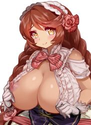 1girls bangs bare_shoulders bow braid breasts brown_hair closed_mouth collar dragalia_lost dress female frilled_collar frilled_dress frills gloves hairband huge_breasts long_hair looking_at_viewer metk nina_(dragalia_lost) nipples solo twin_braids yellow_eyes