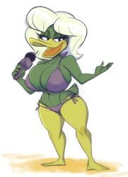 anatid anseriform anthro avian beak big_breasts bikini bikini_bottom bikini_top bird black_eyes blonde_hair breasts cleavage clothed clothing digital_media_(artwork) disney disney_channel disney_xd duck ducktales ducktales_(2017) eyebrows female flippers full-length_portrait green_body green_breasts green_tail hair hi_res holding_microphone holding_object huge_breasts joelasko lidded_eyes long_hair microphone multicolored_body nipples_through_clothes open_beak open_mouth pac-man_eyes platinum_blonde platinum_blonde_hair portrait purple_bikini purple_clothing purple_swimwear reporter rough_sketch roxanne_featherly shaded short_tail simple_background solo standing string_bikini swimwear thick_thighs two_tone_body white_background wide_hips yellow_beak yellow_body