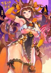 areolae_visible_through_clothing armpit barely_contained blue_eyes brown_hair caleen_keemosn dick_sucking_lips eyebrows_visible_through_hair f.s. fox_ear fox_girl fox_tail hair_ribbon halloween halloween_background halloween_costume hand_behind_head hand_on_hip huge_breasts lollipop multiple_tails nipples_visible_through_clothing runes signature star_ocean star_ocean_anamnesis thick_thighs twintails underboob very_long_hair wide_hips