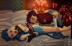 2girls alx_(fuckit) arcane arcane_vi blue_hair bondage candle female female_only incest jinx_(league_of_legends) league_of_legends multiple_girls red_hair siblings sisters vi yuri