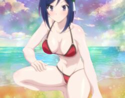 beach bikini bikini_bottom bikini_top blush female_only isekai_wa_smartphone_to_tomo_ni. large_breasts short_hair solo_female theriddler06 tsubaki_(isekai_wa_smartphone_to_tomo_ni)