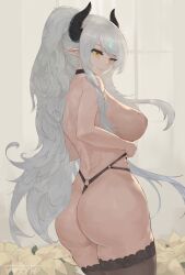 ass big_areola dat_ass dragon_girl epic7 female from_behind hayasan_(artist) horns huge_ass huge_breasts long_hair looking_at_viewer luna_(epic7) mole_on_breast nipples skimpy_clothes thong white_hair