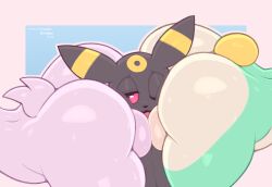 2022 animal_crossing anthro anthro_on_anthro ass ass_in_face balls between_buttocks big_ass big_butt black_body black_fur bodily_fluids cinderace crossover eeveelution face_in_ass femboy frumples fur gay genitals green_body green_fur group horny huge_ass huge_butt lagomorph leporid male male_cinderace male_umbreon mammal nintendo one_eye_closed open_mouth pokémon_(species) pokemon pokemon_(species) rabbit sasha_(animal_crossing) sweat sweaty_butt thick_thighs tongue tongue_out umbreon video_games white_body white_fur