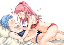 2girls ass blue_hair blush female_only femdom fire_emblem fire_emblem:_three_houses fukuroumori hilda_valentine_goneril lingerie long_hair marianne_von_edmund nintendo pink_hair straddling sweat underwear yuri