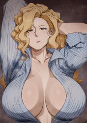 1girls 2d 2d_(artwork) adjusting_hair anime_character armpit_fetish armpits arms_up blonde_female blonde_hair blonde_hair_brown_eyes blonde_hair_female breasts brown_eyed_female brown_eyes cleavage clothing collared_shirt curvaceous digital_art digital_media female female_only fully_clothed gerogero51 golden_boy huge_breasts human light-skinned_female light_skin long_hair madame_president mature mature_female milf open_clothes open_shirt solo solo_female striped_clothing sweat sweat_stain sweaty_armpits unbuttoned unbuttoned_shirt