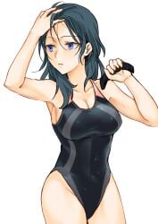 1girls alternate_costume arm_up armpits bare_arms bare_shoulders black_hair black_swimsuit blue_hair breasts byleth_(fire_emblem) byleth_(fire_emblem)_(female) cleavage collarbone commentary competition_swimsuit covered_navel cowboy_shot female female female_only fire_emblem fire_emblem:_three_houses fukuroumori hand_in_own_hair highres holding large_breasts long_hair looking_away looking_to_the_side medium_breasts medium_hair nintendo one-piece_swimsuit parted_lips solo swimsuit teal_hair water_drop wet wet_clothes wet_hair wet_swimsuit