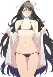 absurdres ass_visible_through_thighs bikini black_bikini black_hair blue_eyes blush closed_mouth collarbone cowboy_shot eyebrows_visible_through_hair female female_pubic_hair flat_chest groin hair_between_eyes hair_ribbon hands_up highres kantai_collection katsuragi_(kantai_collection) long_hair looking_at_viewer navel ponytail pubic_hair pubic_hair_peek ribbon side-tie_bikini simple_background solo standing stomach swimsuit takaman_(gaffe) very_long_hair white_background white_ribbon