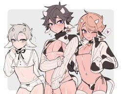 3boys animal_ears animal_print arm_behind_back bangs bikini bikini_under_clothes black_eyes black_hair blonde_hair blush briefs brown_hair bulge chinese_commentary cow_boy cow_ears cow_horns cow_print cow_tail cropped_shirt danodano ear_tag femboy grey_background grey_eyes grey_hair hair_wings hand_up hands_in_pockets heart highres holding_own_arm horns jacket looking_at_viewer looking_away male male_focus male_only male_underwear micro_bikini midriff ming_(5unri5e666) multiple_boys navel notice_lines one_eye_closed original pale_skin pointy_hair purple_eyes reverse_outfit ribbed_sweater shiny shiny_skin short_hair simple_background skin_fang sleeves_past_wrists spoken_heart sweat sweater swimsuit tail tan thighhighs trap underwear white_background white_legwear