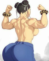 ass back breasts chun-li female highres muscle_girl no_bra no_shirt pants sideboob solo street_fighter street_fighter_6 yoracrab