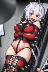 ball_gag bare_shoulders bondage breasts drooling female femsub gag hair_between_eyes kidnapping large_breasts lavender_hair long_hair plusout purple_eyes red_ribbon senki_zesshou_symphogear straitjacket twintails yukine_chris