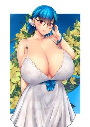 1girls adjusting_eyewear adjusting_glasses arm_behind_back bakunyuu bangs bare_shoulders black-framed_eyewear black-framed_glasses blue_bracelet blue_hair blue_panties blue_sky blue_underwear border bracelet breasts bursting_breasts cleavage collarbone covering_breasts dress earrings enormous_breasts errorkazoo eyebrows_visible_through_hair eyeglasses eyewear female_focus female_only floral_background flower framed_eyewear fully_clothed glasses hair_behind_ear hair_ornament hair_scrunchie head_tilt high_resolution highres holding holding_eyewear huge_breasts jewelry looking_at_viewer massive_breasts original original_character outdoors panties panties_visible_through_clothing parted_lips petals plant red_eyes rina_atherina rina_atherina_(errorkazoo) scrunchie see-through see-through_clothing see-through_dress shiny shiny_eyes shiny_hair shiny_lips shiny_skin single_female single_girl sky smile smiling_at_viewer solo solo_female strap_dress top_heavy_breasts twintails underwear voluptuous white_border white_dress white_earrings white_hair_ornament white_scrunchie